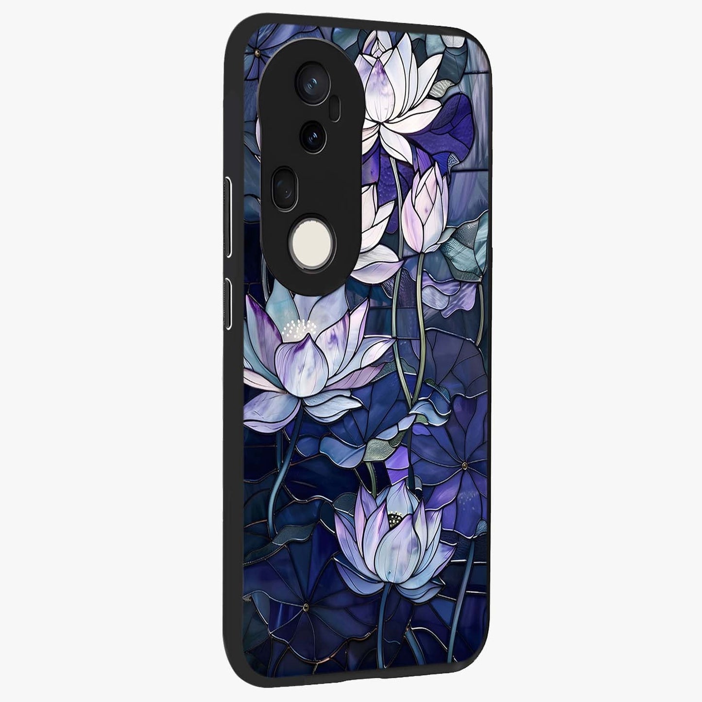Gloss Petal Rush Glass Case upright view showcasing dynamic floral petal artwork with modern botanical theme.