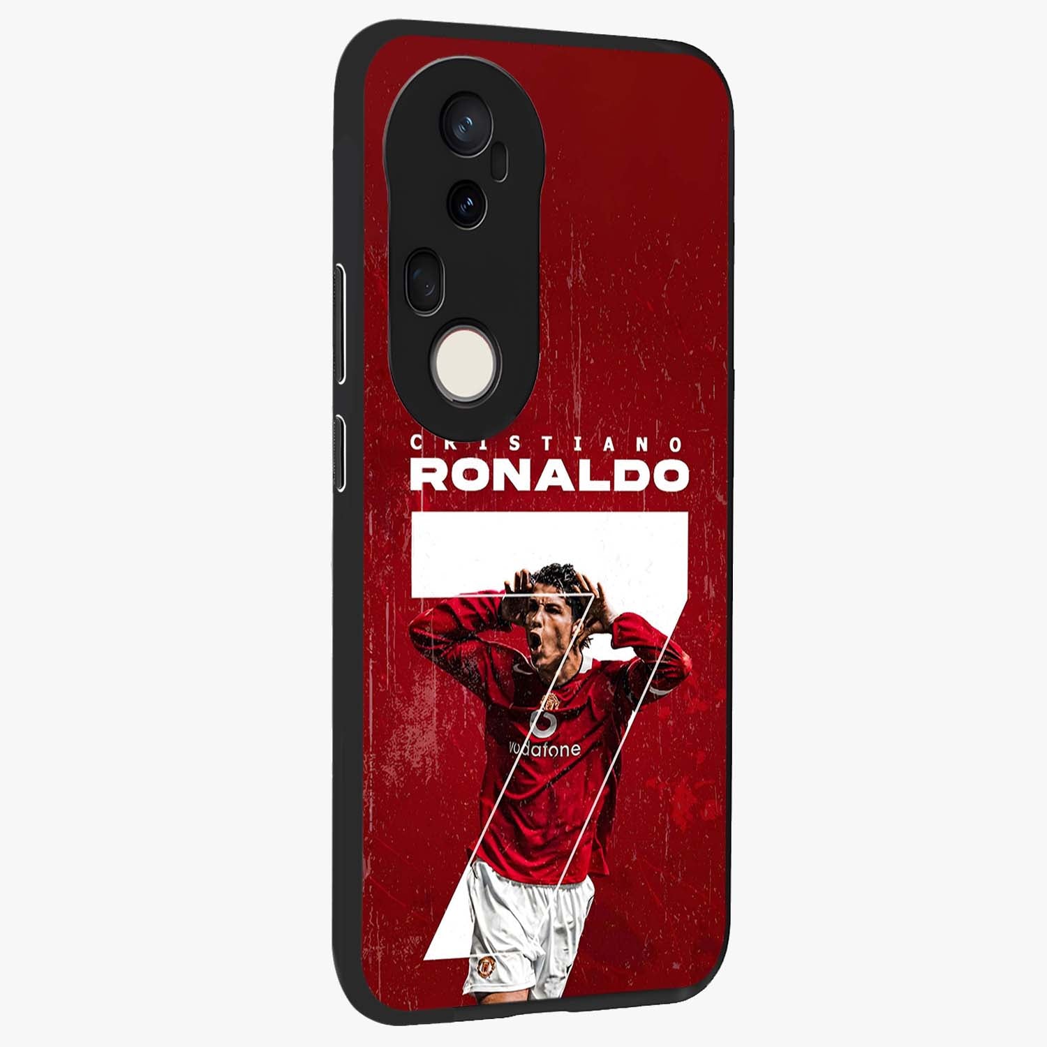 Goal Celebration Legacy Glass Case upright view showcasing dynamic football inspired artwork with victory celebration aesthetic.