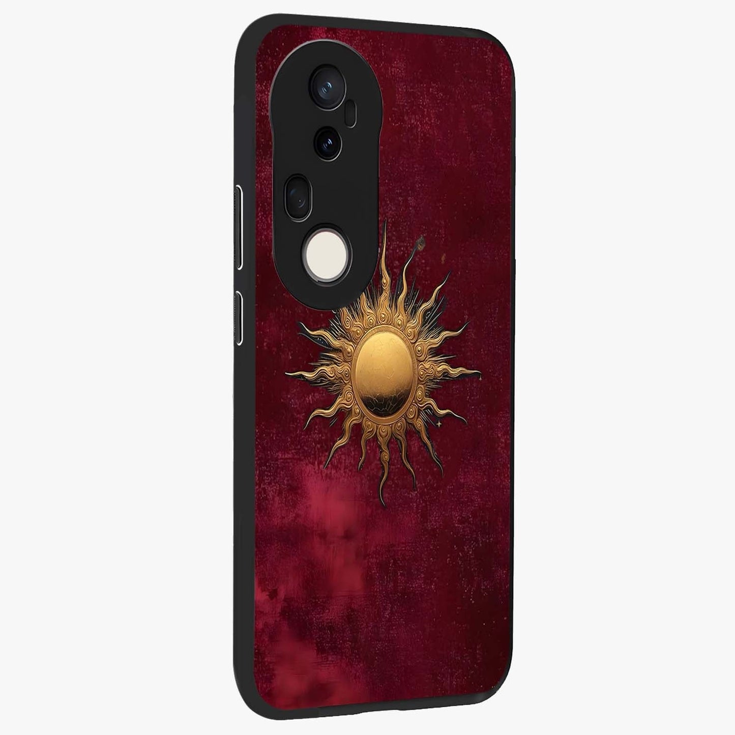 Golden Sun Minimalism Glass Case upright view showcasing simple golden sun artwork with elegant minimalist style.