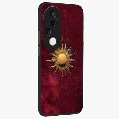 Golden Sun Minimalism Glass Case upright view showcasing simple golden sun artwork with elegant minimalist style.