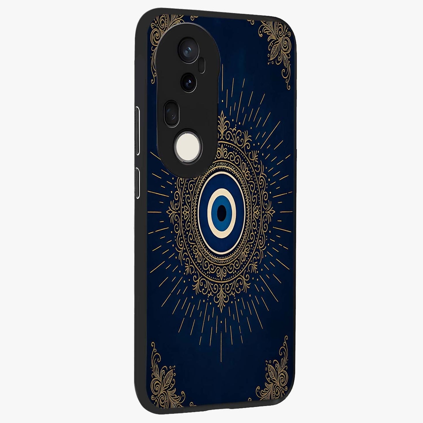Golden Celestial Charm Glass Case upright view showcasing radiant celestial artwork with elegant golden theme.