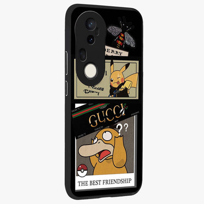 Gucci Play Mashup Glass Case upright view showcasing trendy luxury inspired artwork with modern fashion theme.