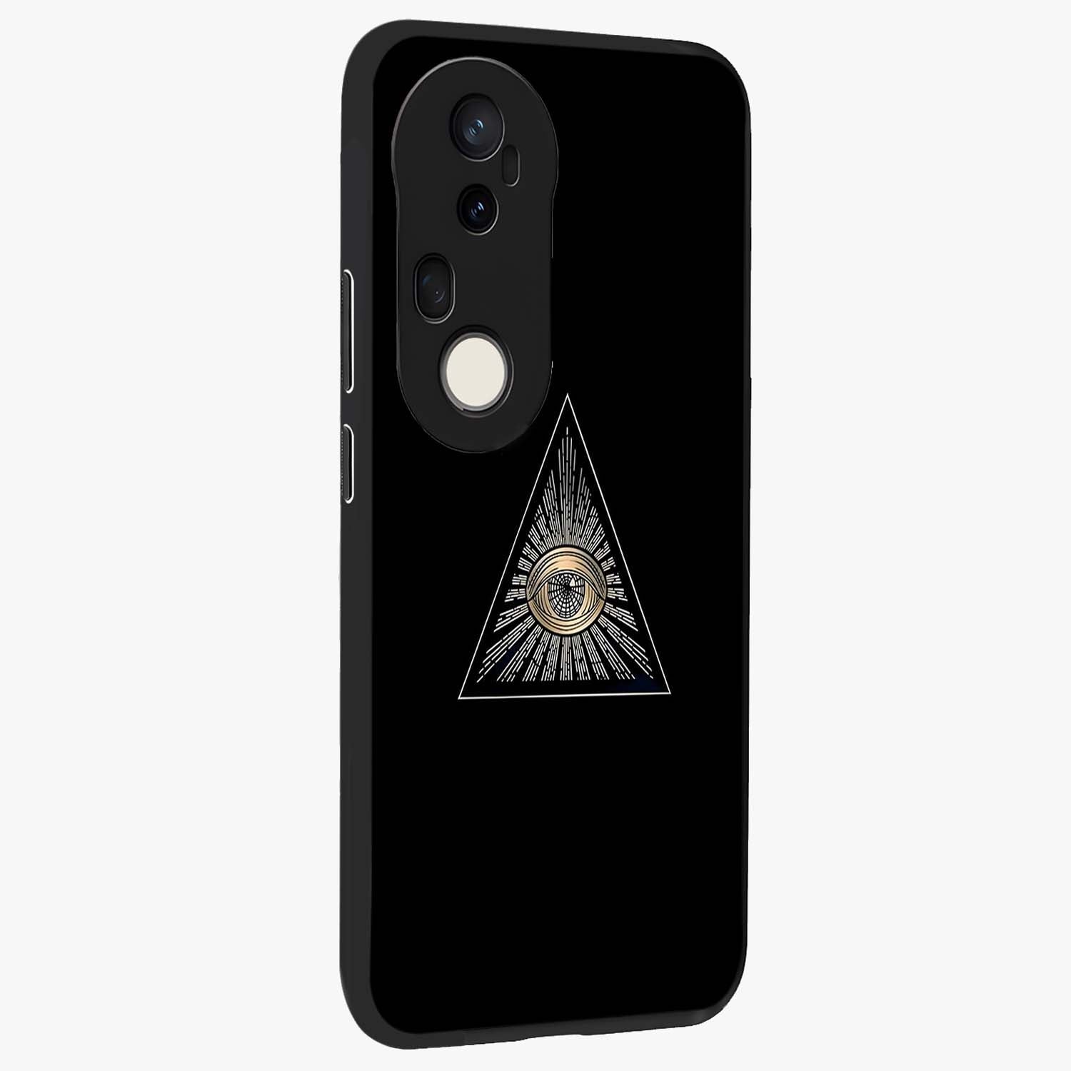 Illuminati Evil Glass Case upright view showcasing striking illuminati artwork with mysterious symbolic theme.