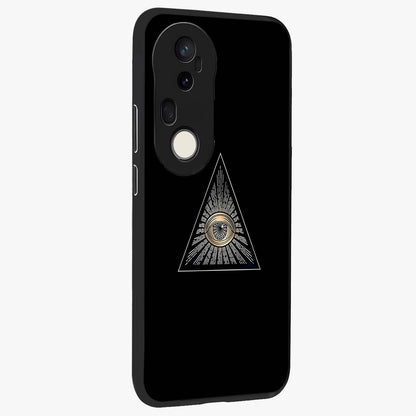 Illuminati Evil Glass Case upright view showcasing striking illuminati artwork with mysterious symbolic theme.