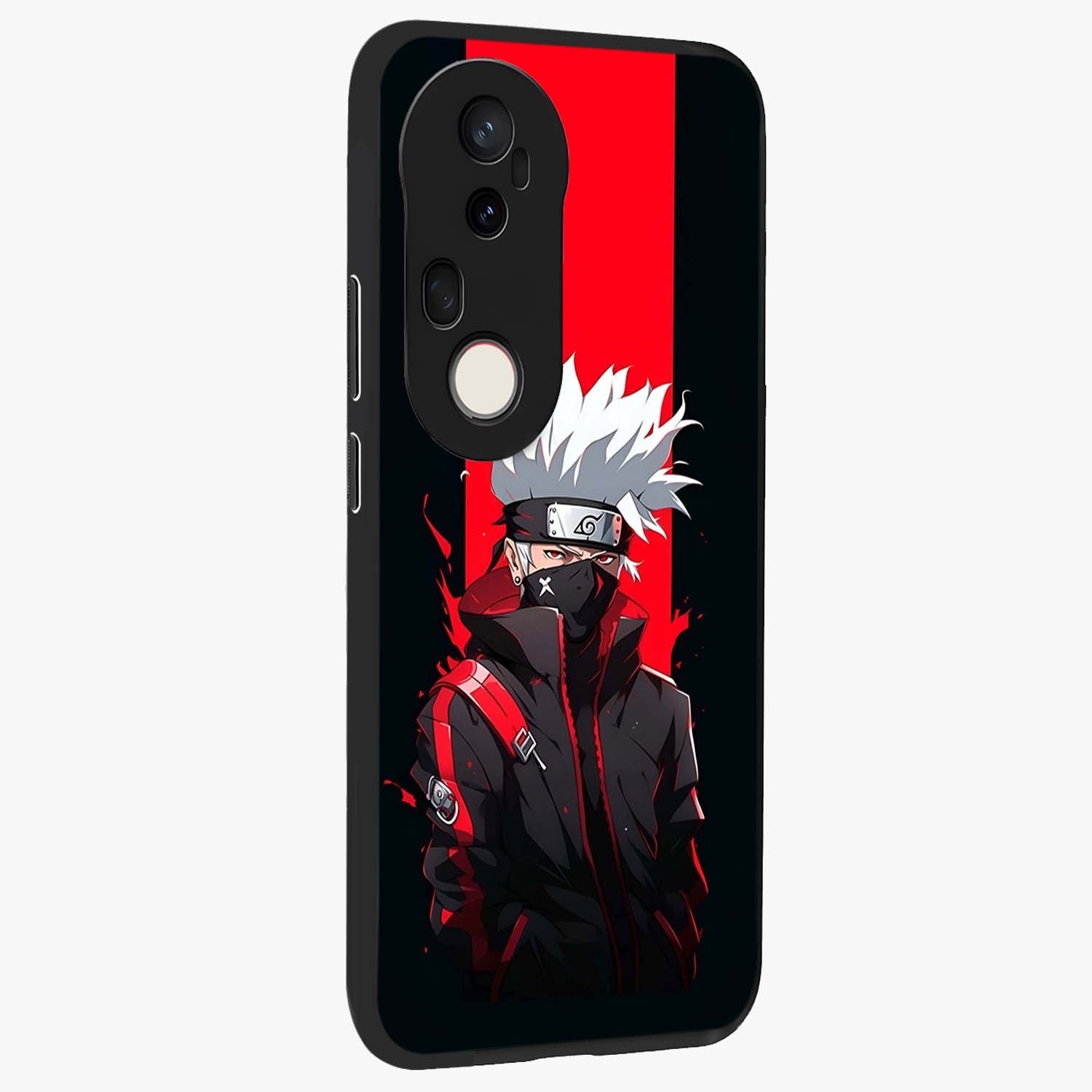 Kakashi Scarlet Shadow Glass Case upright view showcasing intense anime ninja artwork with dark action theme.