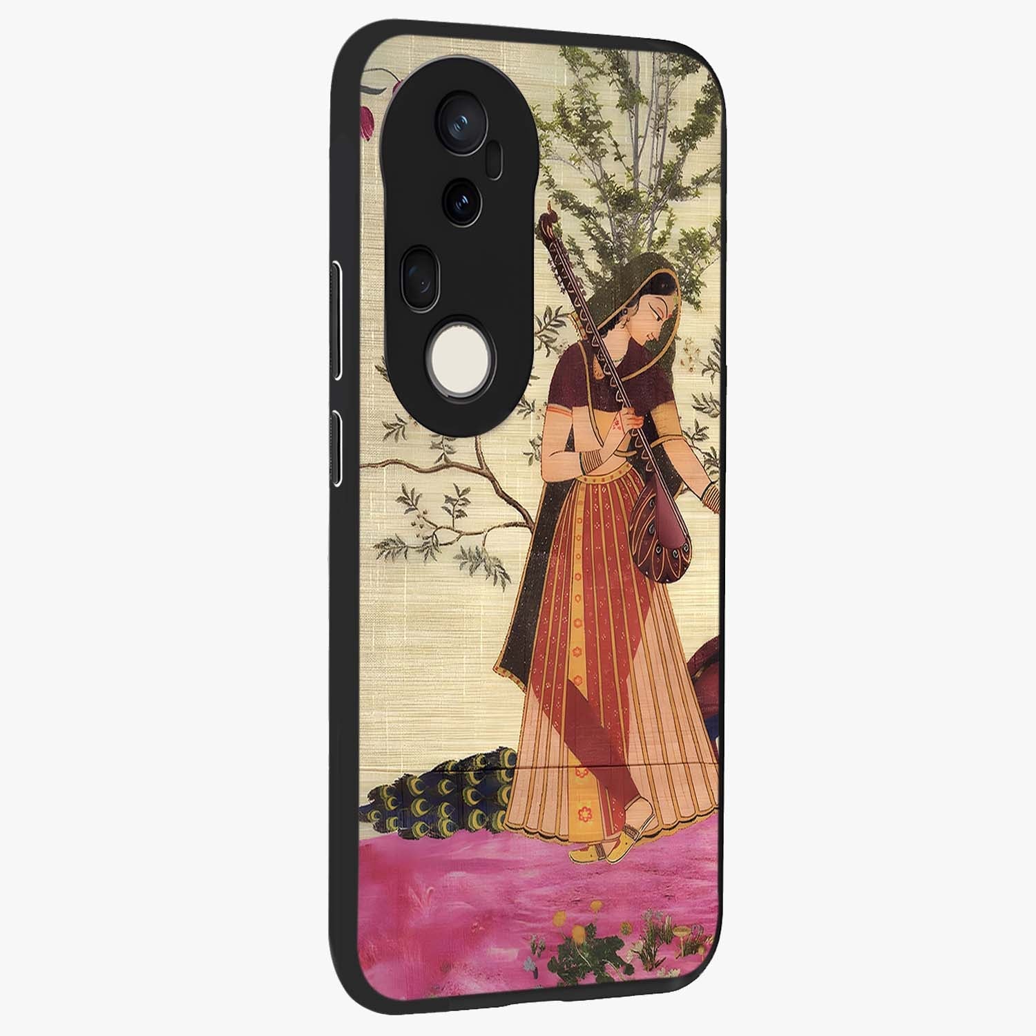 Lady With Veena Art Glass Case upright view showcasing classical veena artwork with traditional artistic theme.
