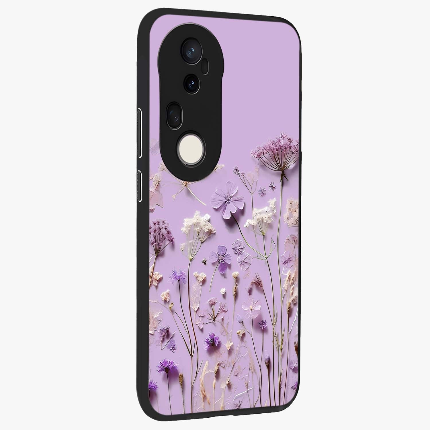 Lavender Blossom Dream Glass Case upright view showcasing delicate lavender blossom artwork with peaceful floral theme.