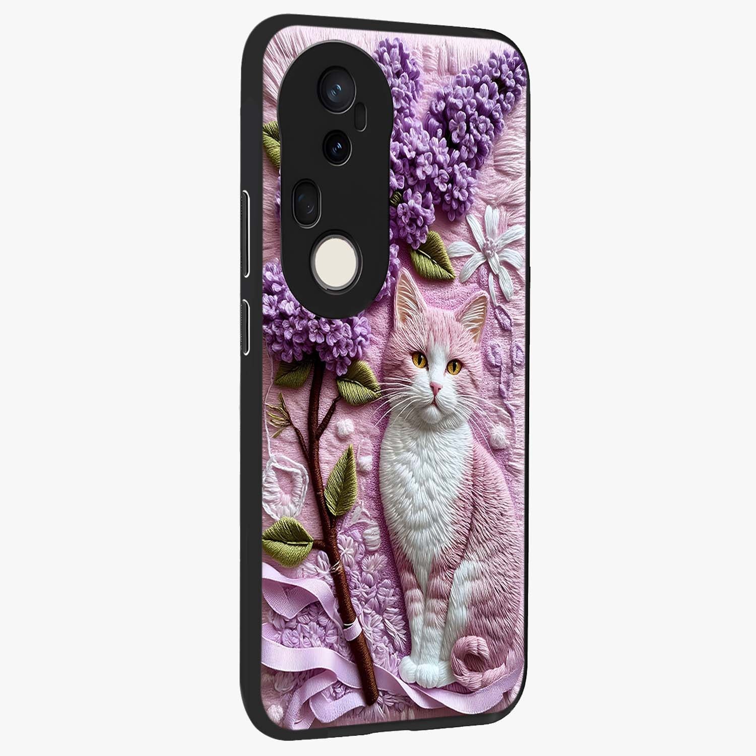 Lavender Cat Whimsy Glass Case upright view showcasing charming cat artwork with whimsical lavender theme.