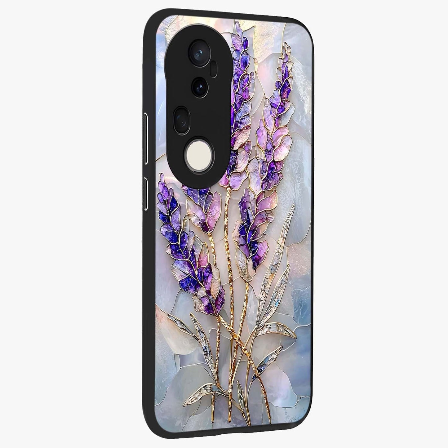 Lavender Dream Glow Glass Case upright view showcasing radiant lavender glow artwork with calming dreamy theme.