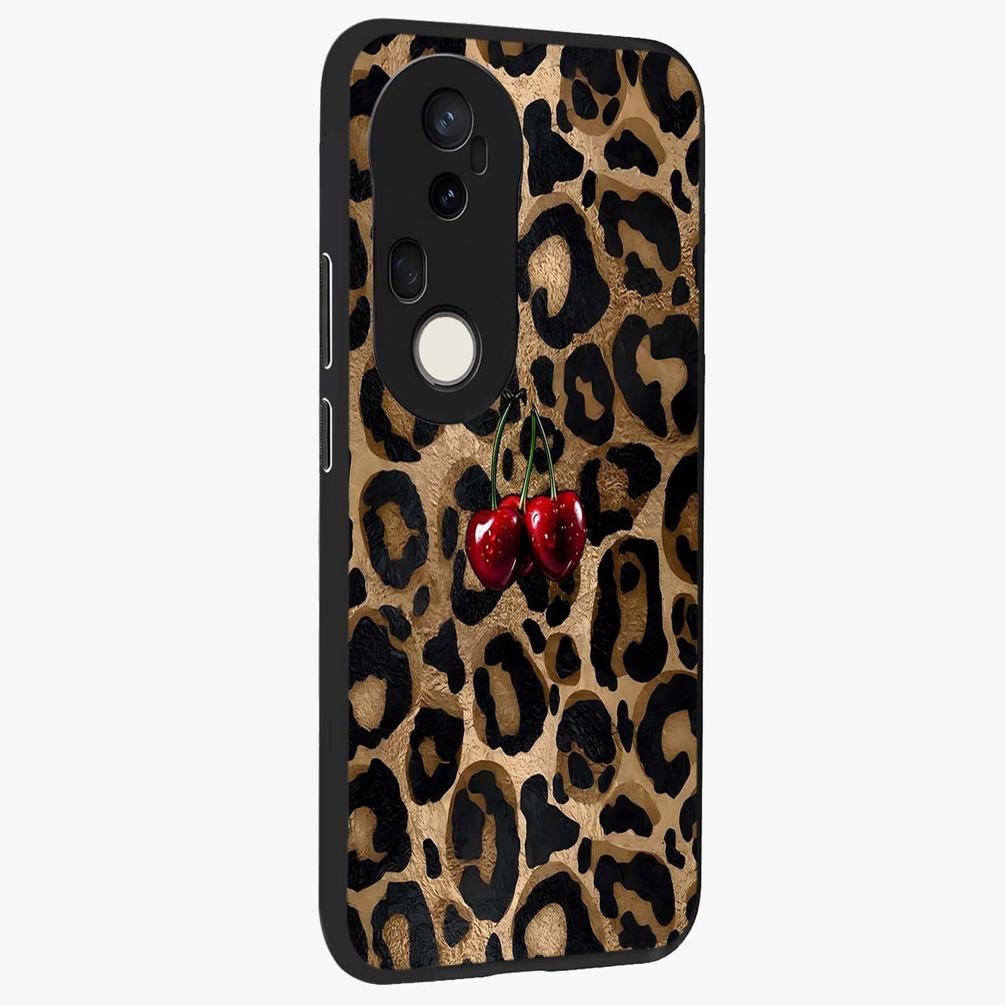 Leopard Wild Cherry Glass Case upright view showcasing stylish leopard pattern artwork with trendy fashion theme.