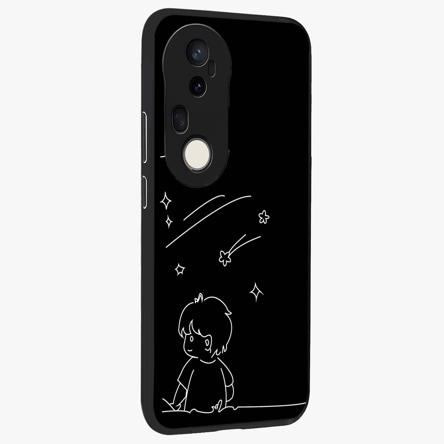 Line Art Boy With Shooting Stars Glass Case upright view showcasing artistic shooting star illustration with minimal style.