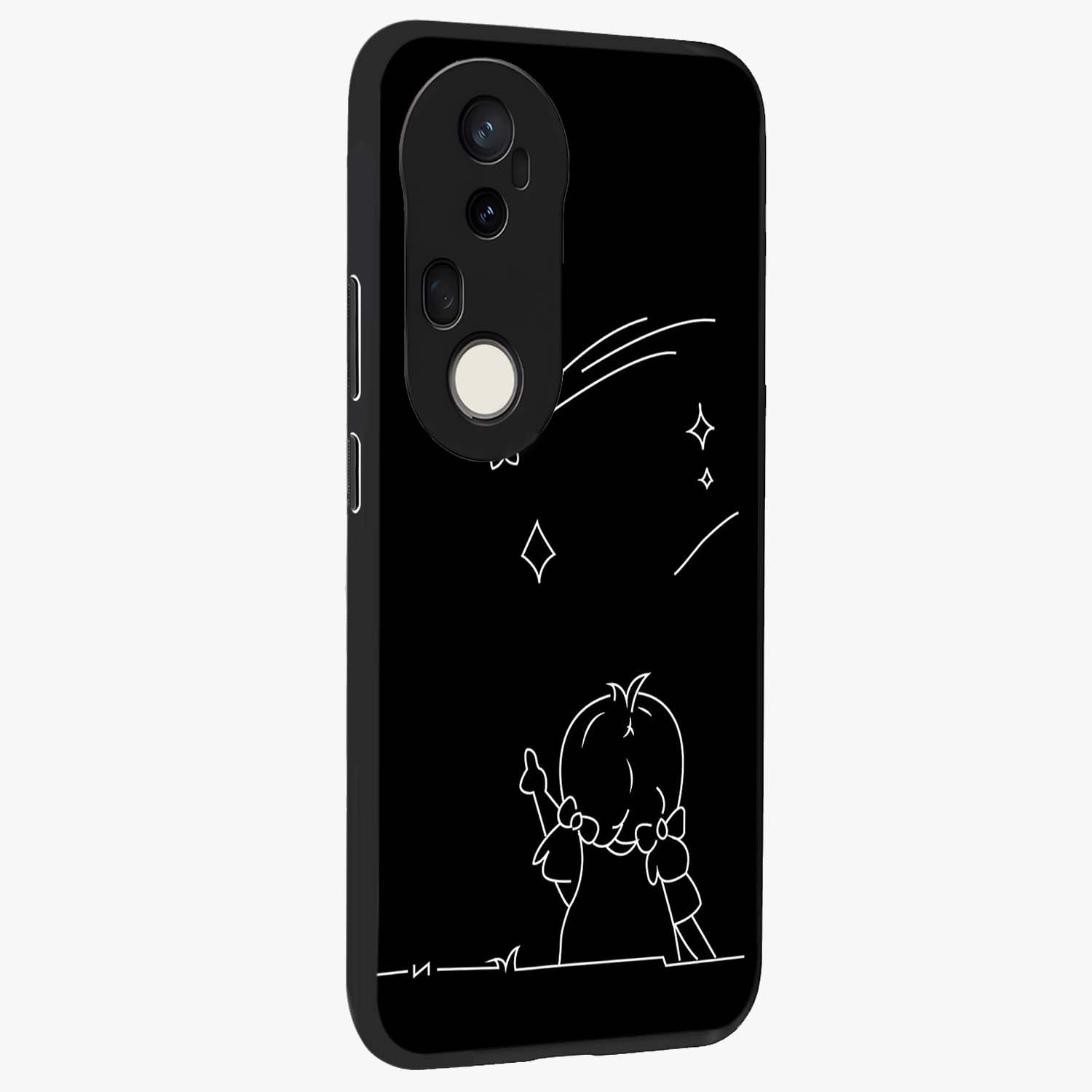 Line Art Girl With Shooting Stars Glass Case upright view showcasing delicate shooting stars artwork with minimal artistic theme.