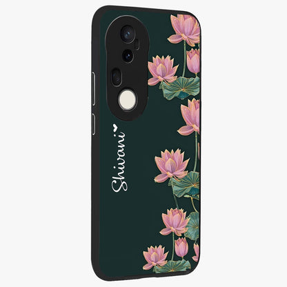 Lotus Bloom Serenity Custom Name Glass Case upright view showcasing serene lotus bloom artwork with personalized floral aesthetic.