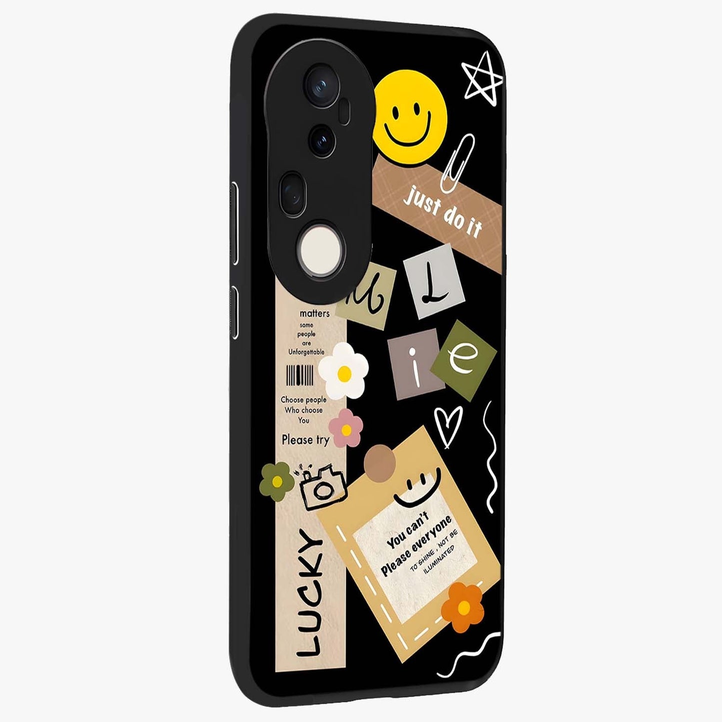 Lucky Aesthetic Collage Glass Case upright view showcasing vibrant collage artwork with youthful aesthetic theme.