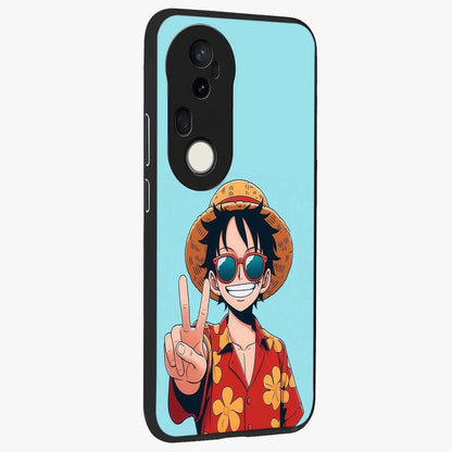 Luffy Summer Anime Vibe Glass Case upright view showcasing dynamic anime artwork with bright adventurous theme.