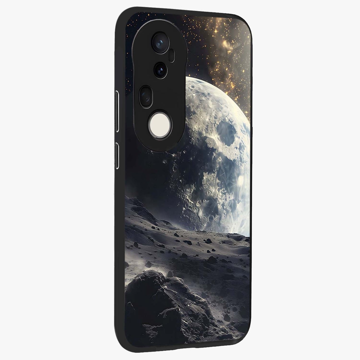 Lunar Horizon Glow Glass Case upright view showcasing radiant lunar artwork with calm cosmic theme.