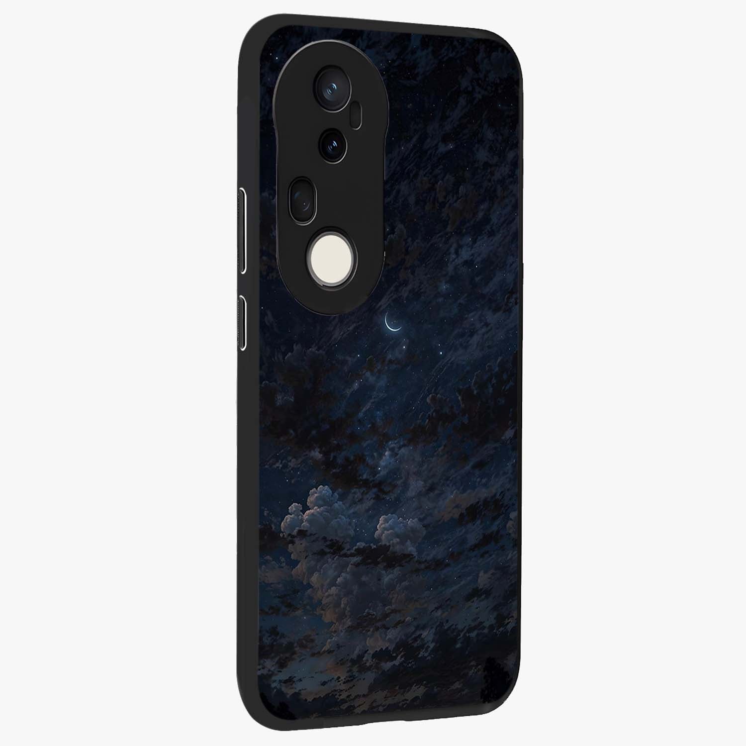 Lunar Veil Silence Glass Case upright view showcasing calm moon themed artwork with serene night atmosphere.