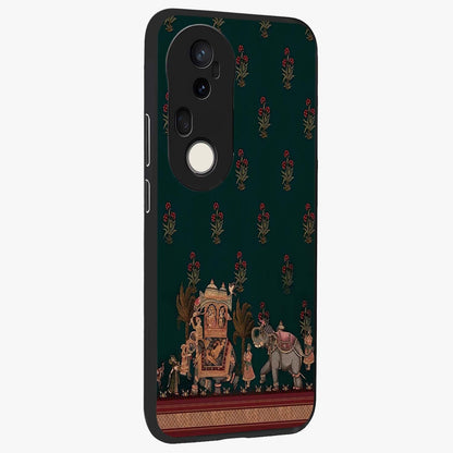 Macmerise Glass Case upright view showcasing bold artistic artwork with contemporary design theme.