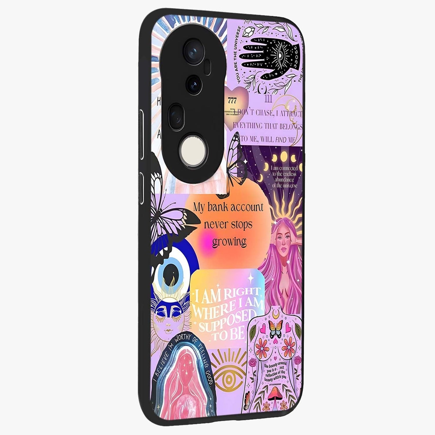 Manifestation Collage Glass Case upright view showcasing artistic manifestation themed artwork with creative style.