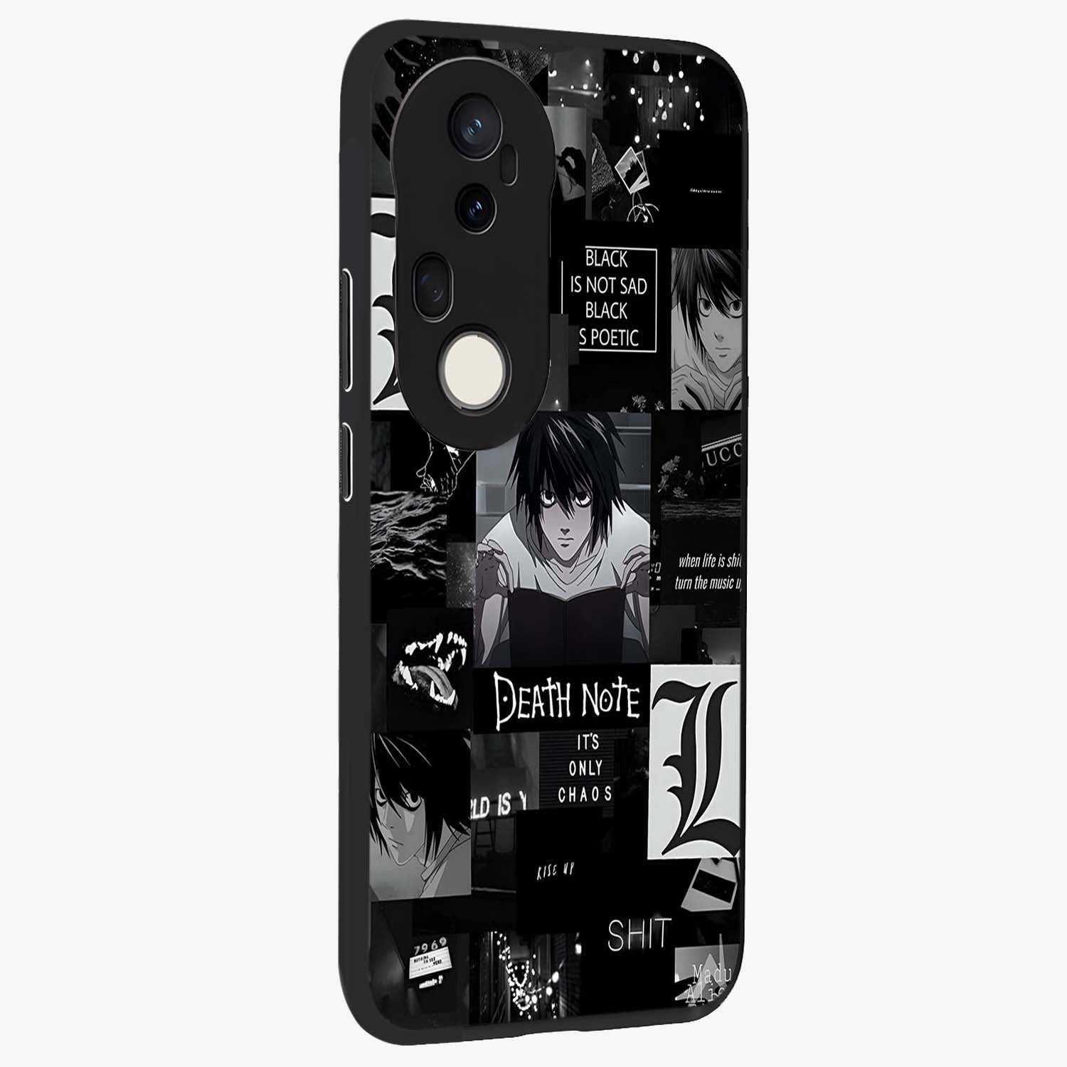 Midnight Chaos Mind Glass Case upright view showcasing expressive abstract artwork with bold dark theme.