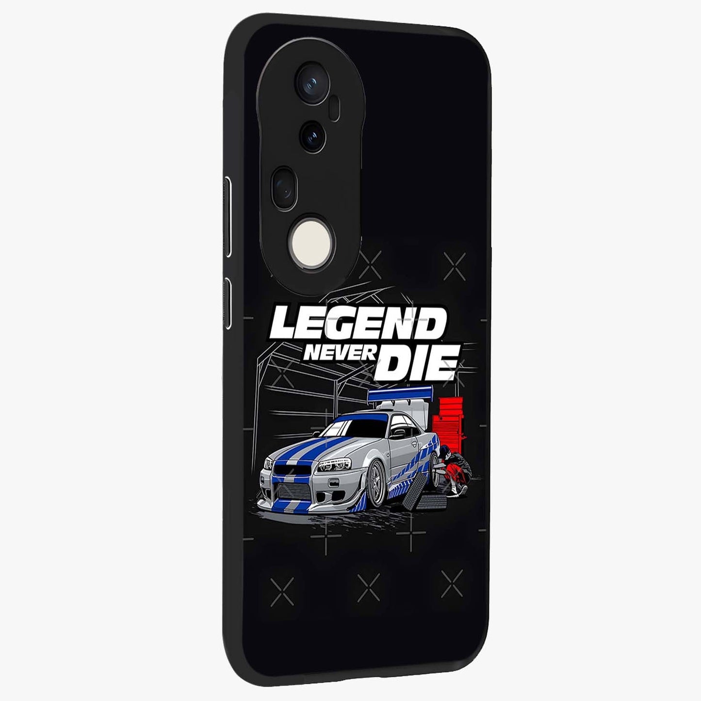 Midnight Racing Legacy Glass Case upright view showcasing powerful racing artwork with modern sports theme.