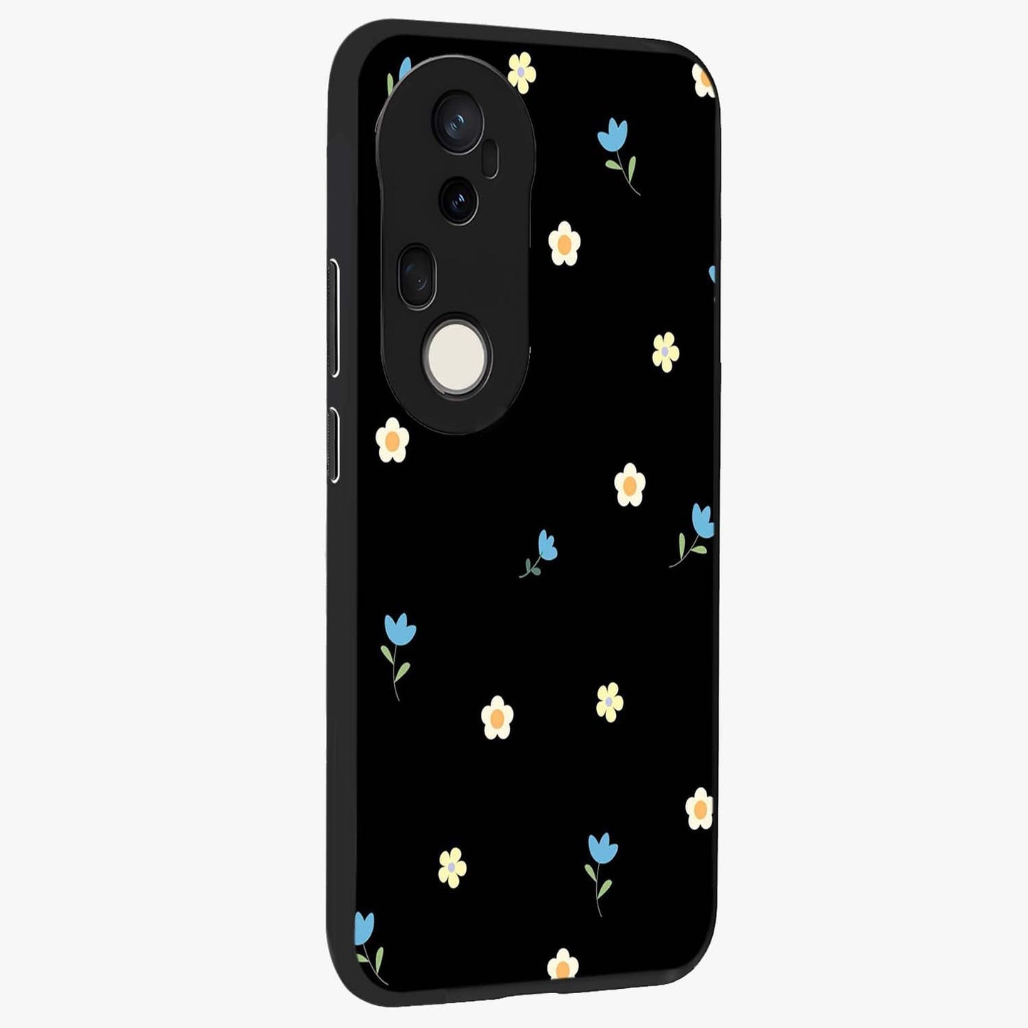 Minimal Petal Whispers Glass Case upright view showcasing elegant floral artwork with modern minimalist style.