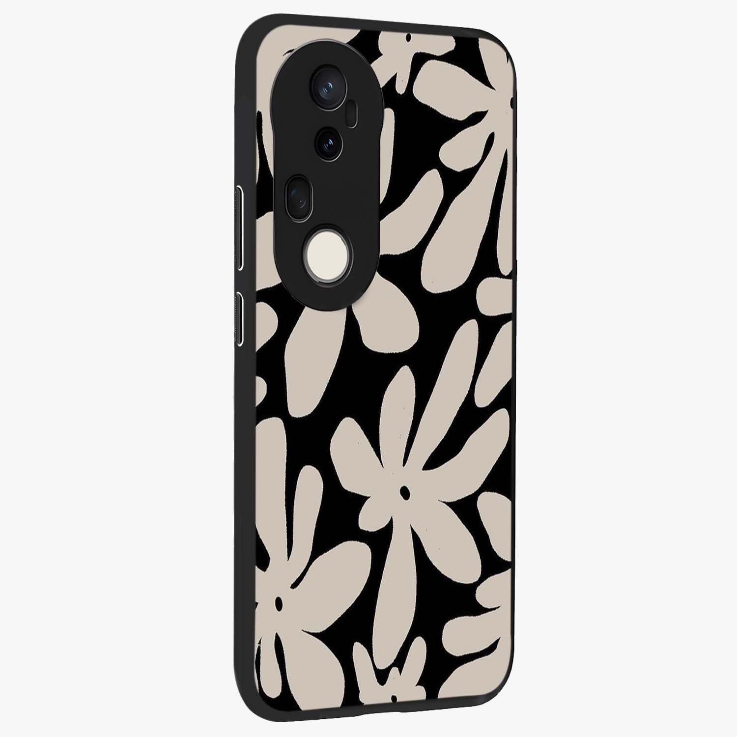Monochrome Petal Dance Glass Case upright view showcasing artistic floral pattern with stylish monochrome theme.