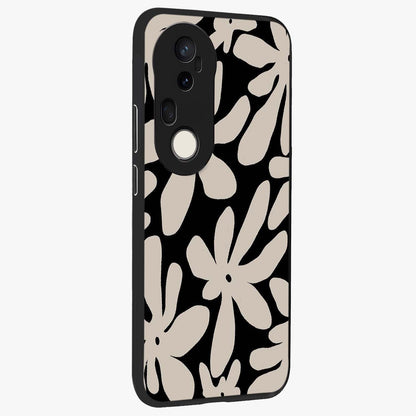 Monochrome Petal Dance Glass Case upright view showcasing artistic floral pattern with stylish monochrome theme.
