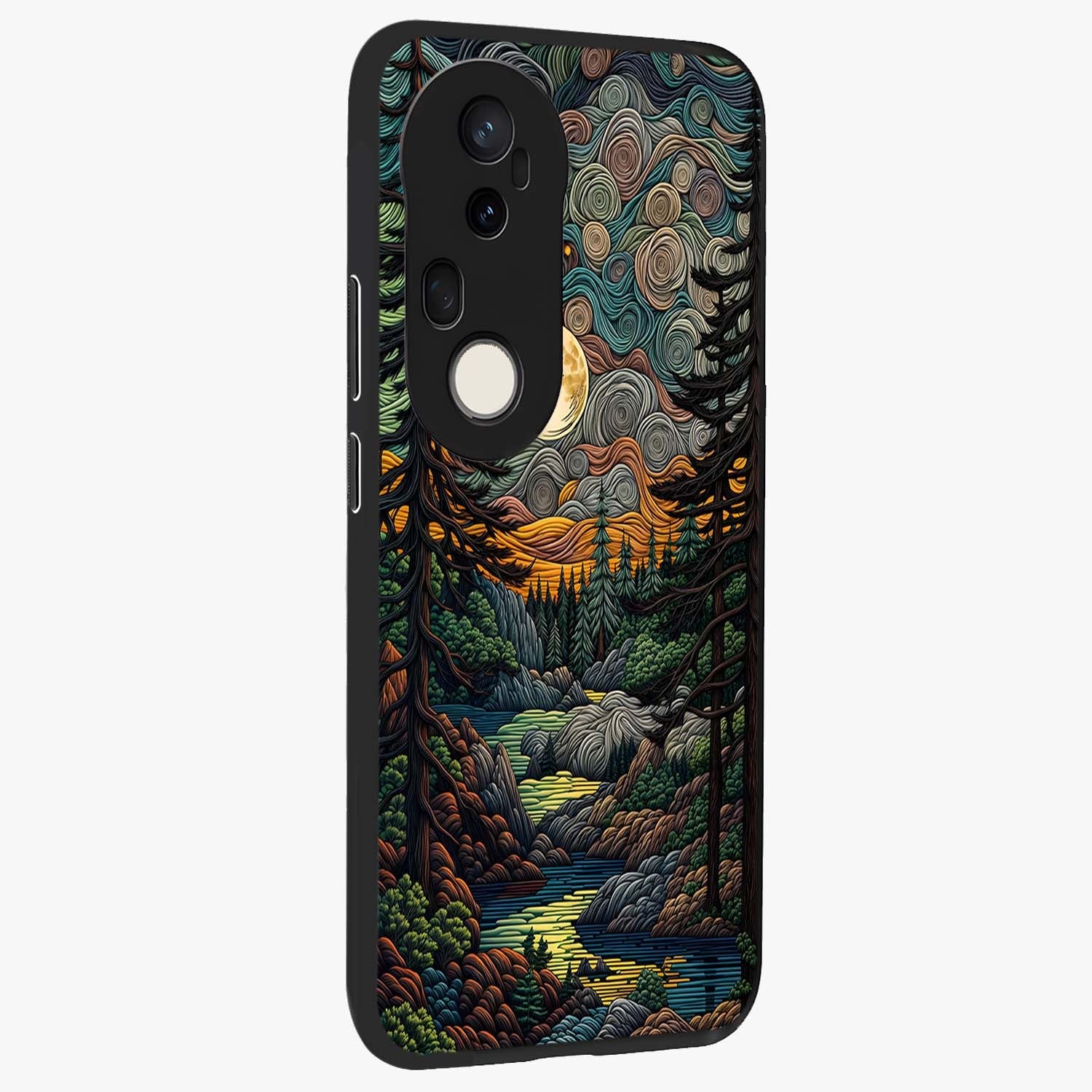 Moonlight Forest Dream Glass Case upright view showcasing magical forest artwork with calm night theme.