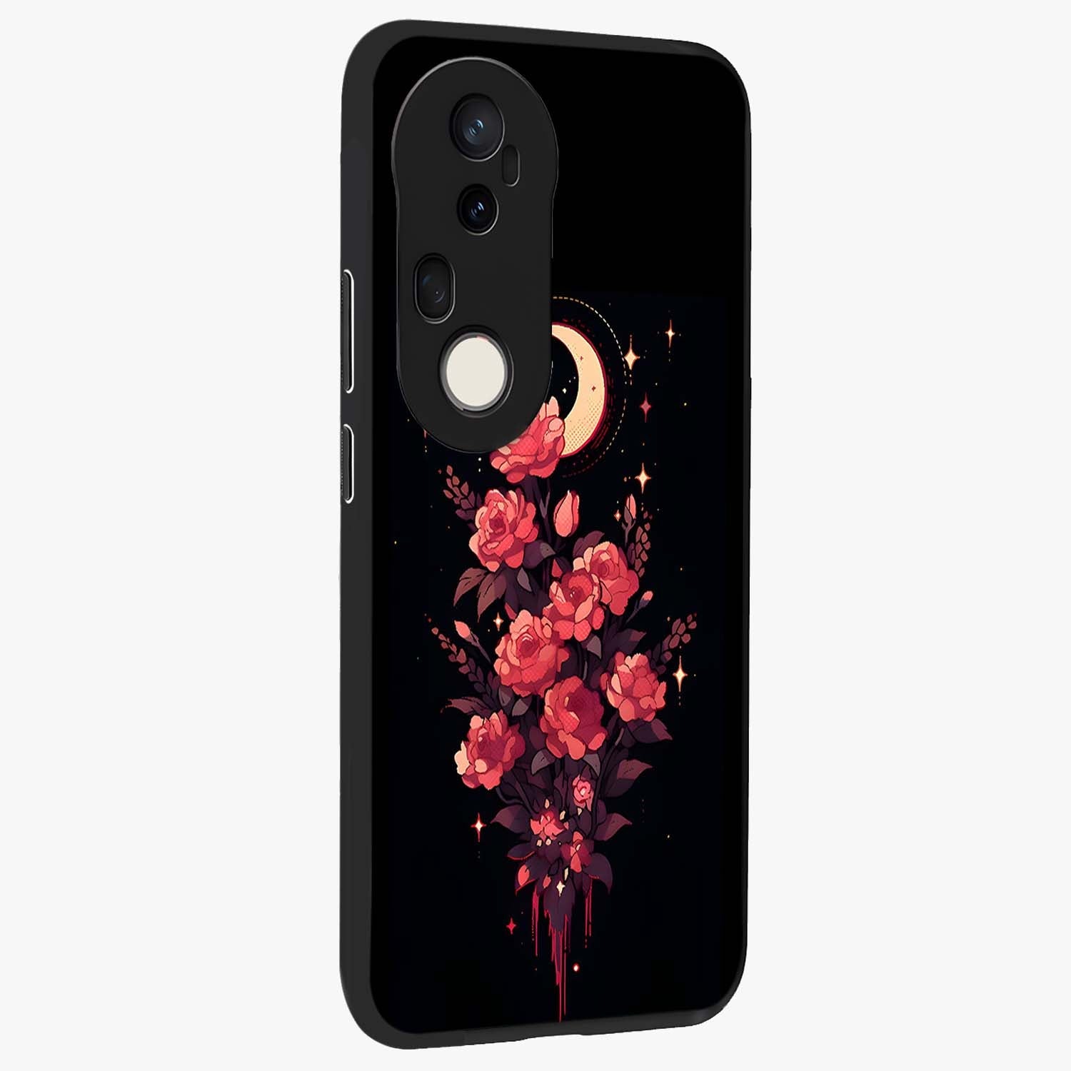 Moonlit Floral Elegance Glass Case upright view showcasing delicate floral artwork with refined night inspired theme.