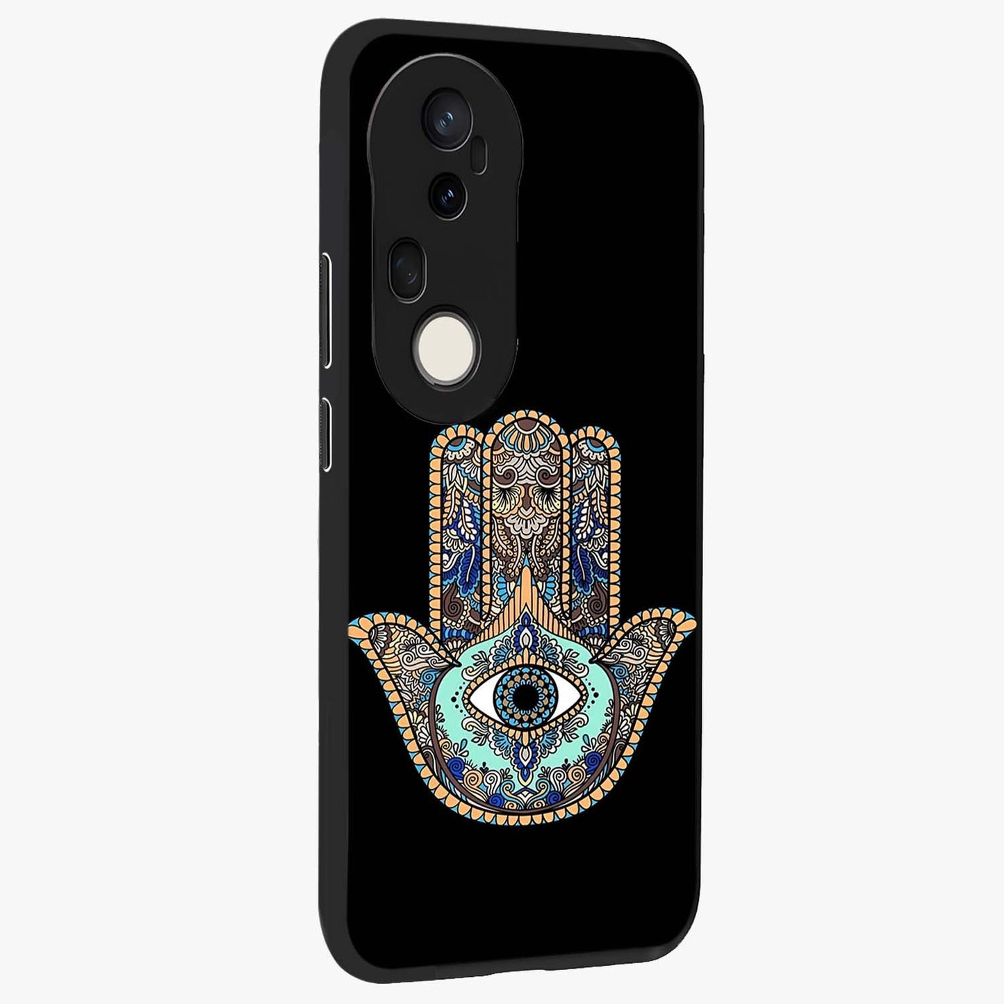 Mystic Hamsa Eye Glass Case upright view showcasing detailed hamsa eye artwork with protective spiritual theme.