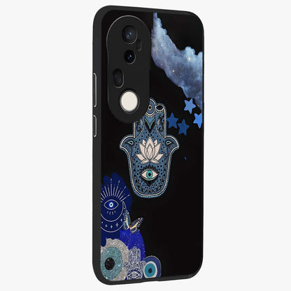 Mystic Hand Aura Glass Case upright view showcasing symbolic hand artwork with mystical energy theme.
