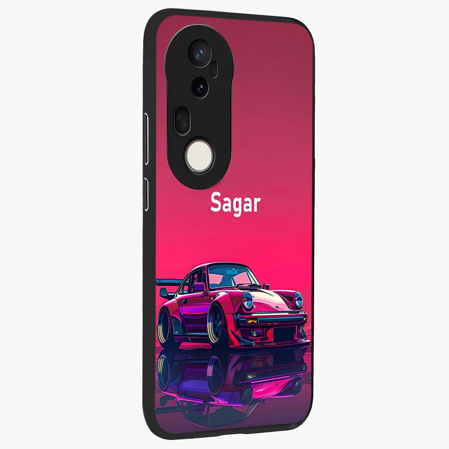 Neon Pink Porsche Glass Case upright view showcasing vibrant sports car artwork with bold automotive theme.