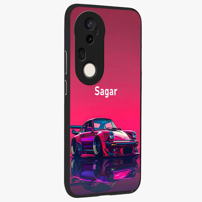 Neon Pink Porsche Glass Case upright view showcasing vibrant sports car artwork with bold automotive theme.