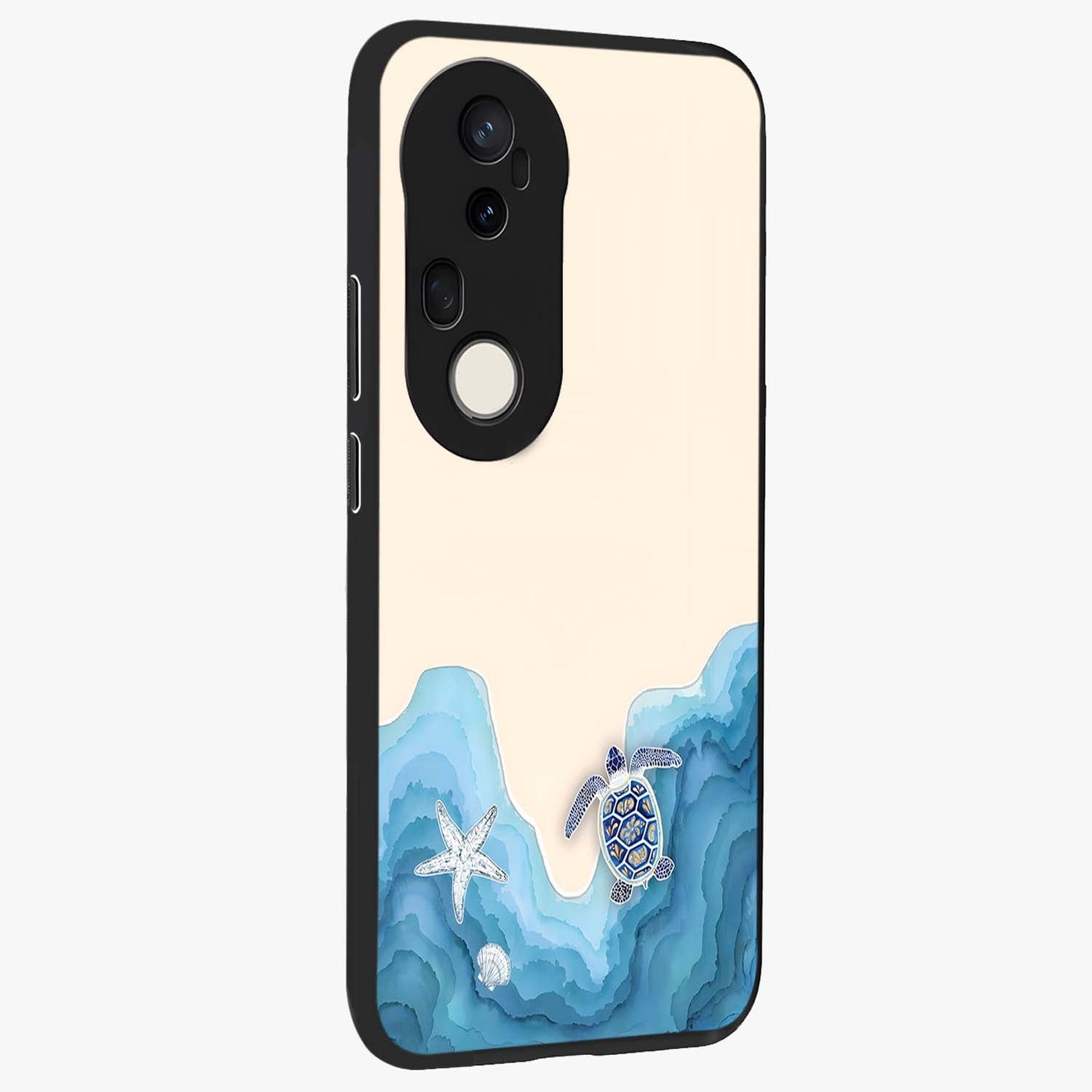 Ocean Drift Turtle Glass Case upright view showcasing calm underwater turtle artwork with nature inspired theme.