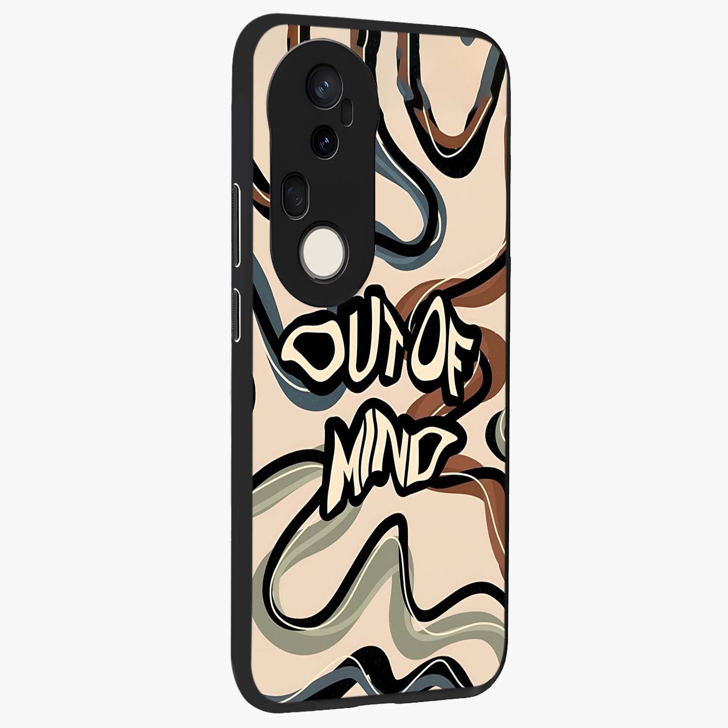 Out Of Mind Glass Case upright view showcasing striking typography artwork with edgy conceptual theme.