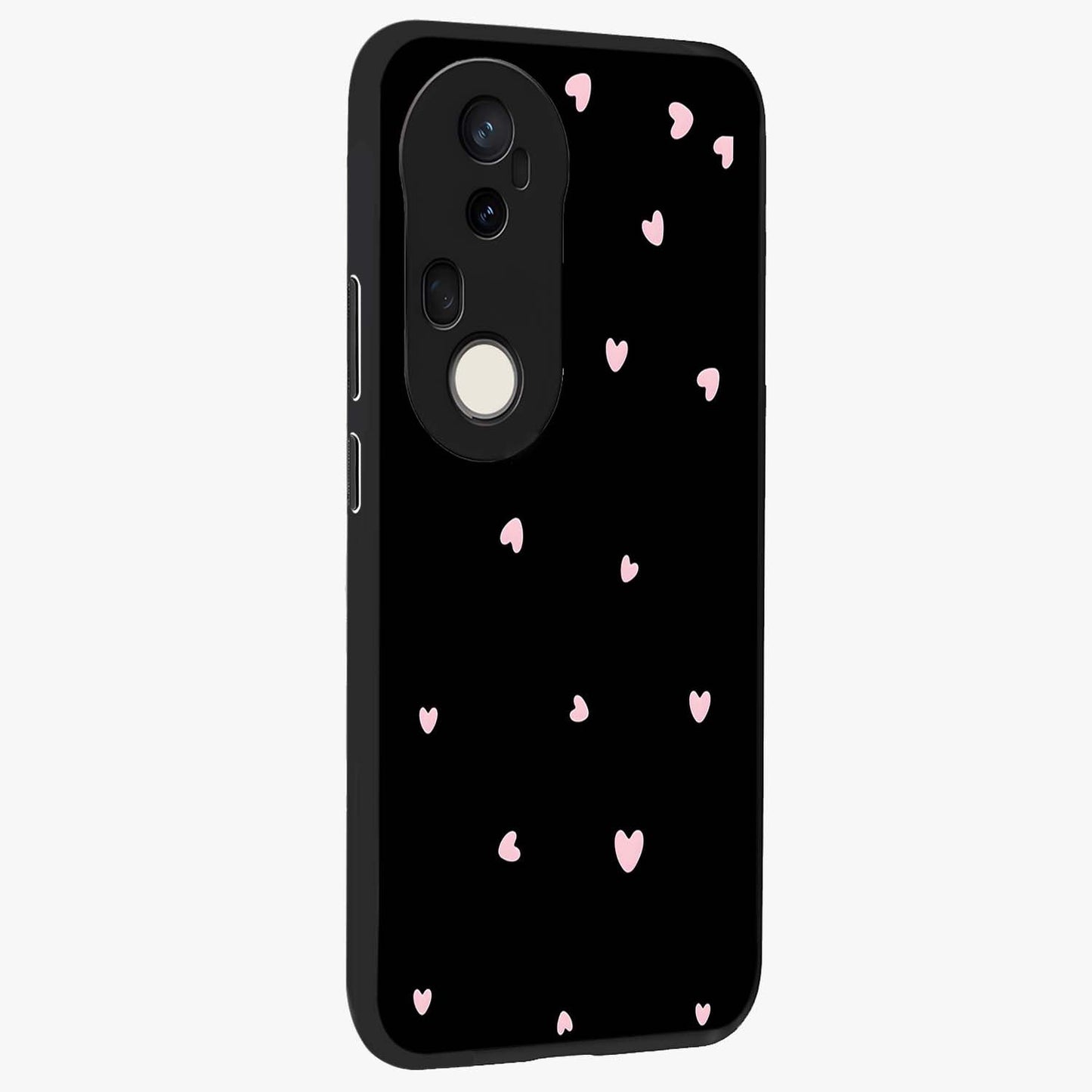 Pink Love Drops Glass Case upright view showcasing charming heart drop artwork with romantic playful theme.