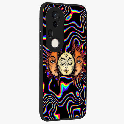 Psychedelic Sun Glass Case upright view showcasing trippy sun artwork with bold psychedelic theme.