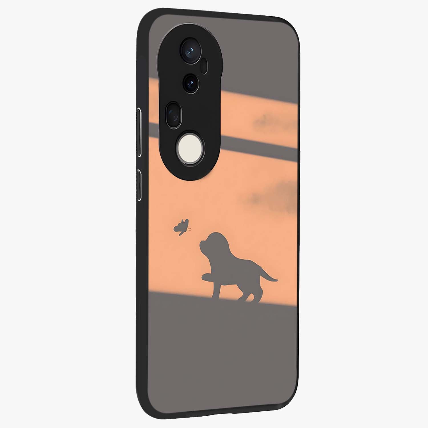 Puppy Shadow Art Glass Case upright view showcasing charming puppy artwork with creative silhouette theme.