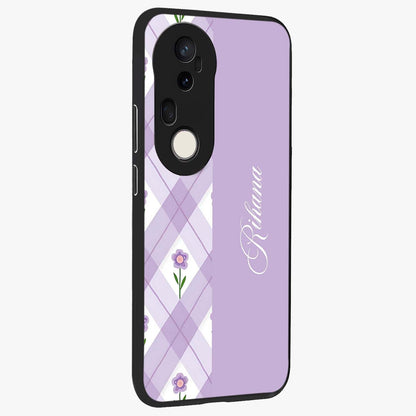 Purple Diamond Floral Glass Case upright view showcasing vibrant floral artwork with stylish geometric theme.