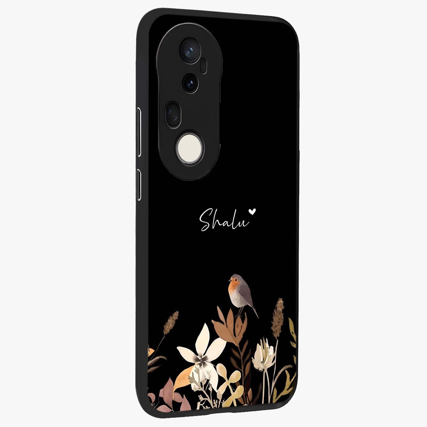 Quiet Garden Tune Custom Name Glass Case upright view showcasing serene botanical artwork with personalized aesthetic.