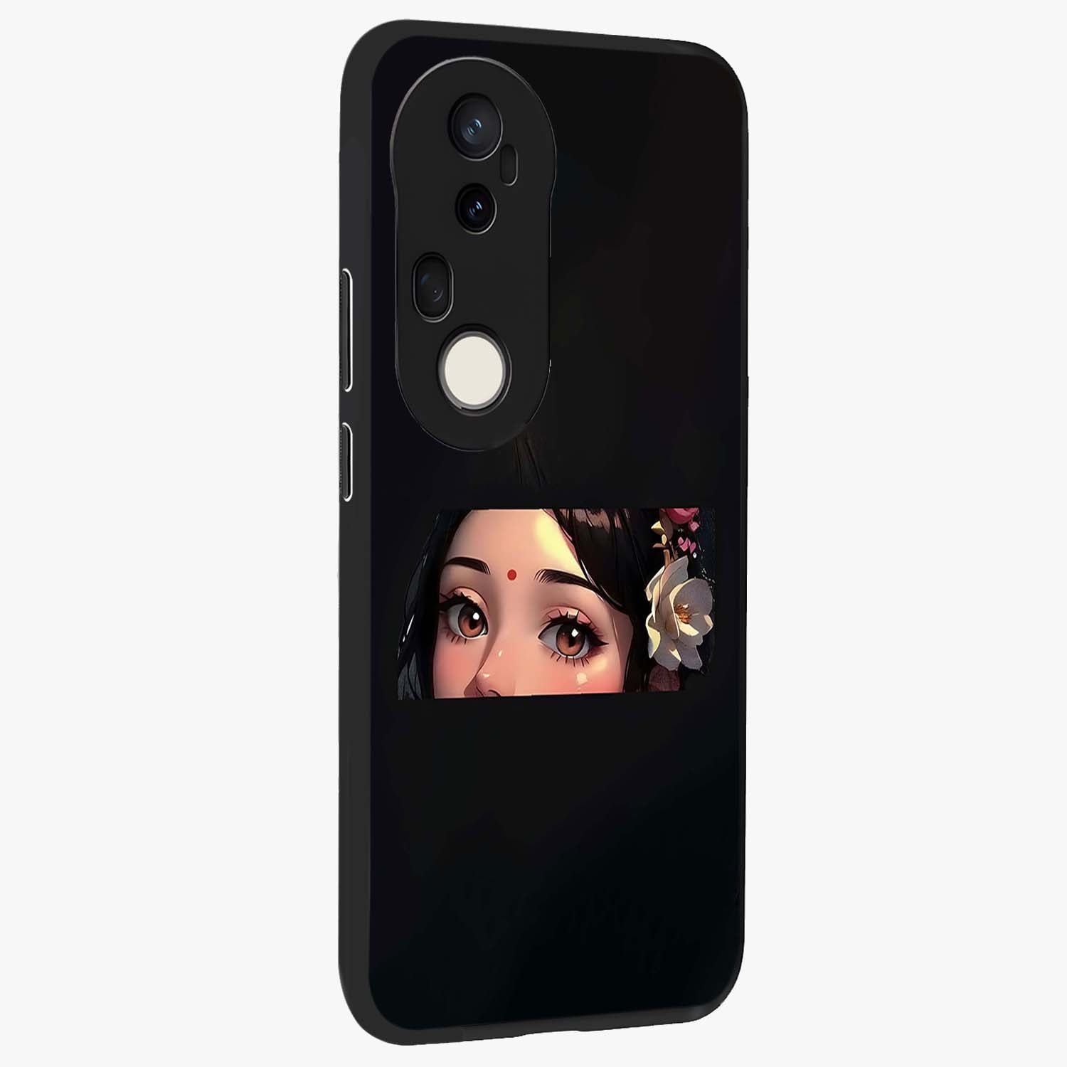 Radha Divine Embrace Glass Case upright view showcasing sacred Radha themed artwork with peaceful devotional style.