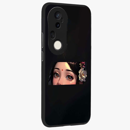 Radha Divine Embrace Glass Case upright view showcasing sacred Radha themed artwork with peaceful devotional style.