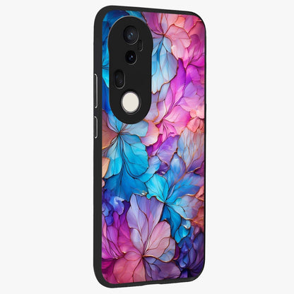 Radiant Floral Whirl Glass Case upright view showcasing lively floral artwork with decorative swirl theme.