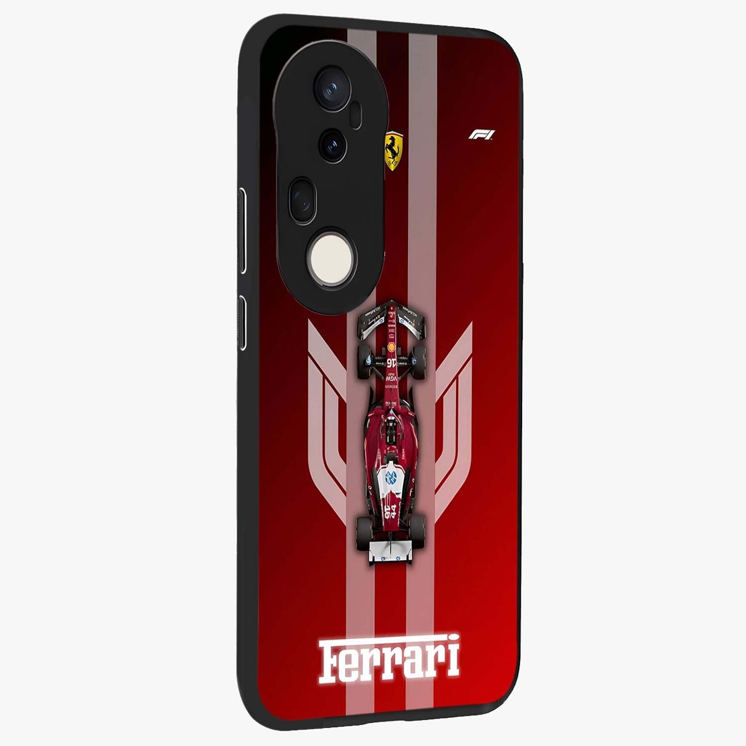 Red Ferrari F1 Vertical Glass Case upright view showcasing powerful Formula car artwork with dynamic motorsport theme.
