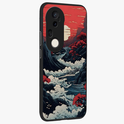Red Sunset Scenery Glass Case upright view showcasing dramatic sunset scenery artwork with warm nature theme.