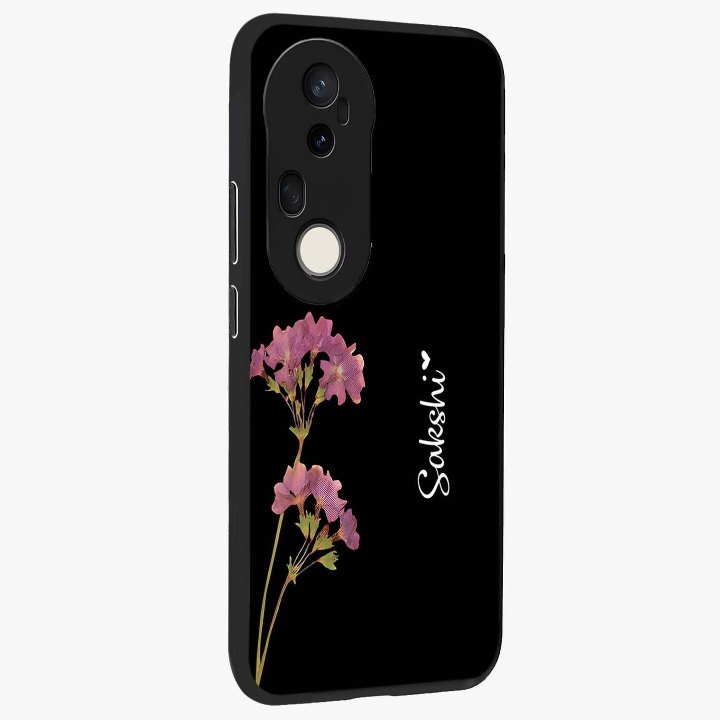 Riching Lavender Flower Custom Name Glass Case upright view showcasing elegant lavender floral artwork with personalized aesthetic.
