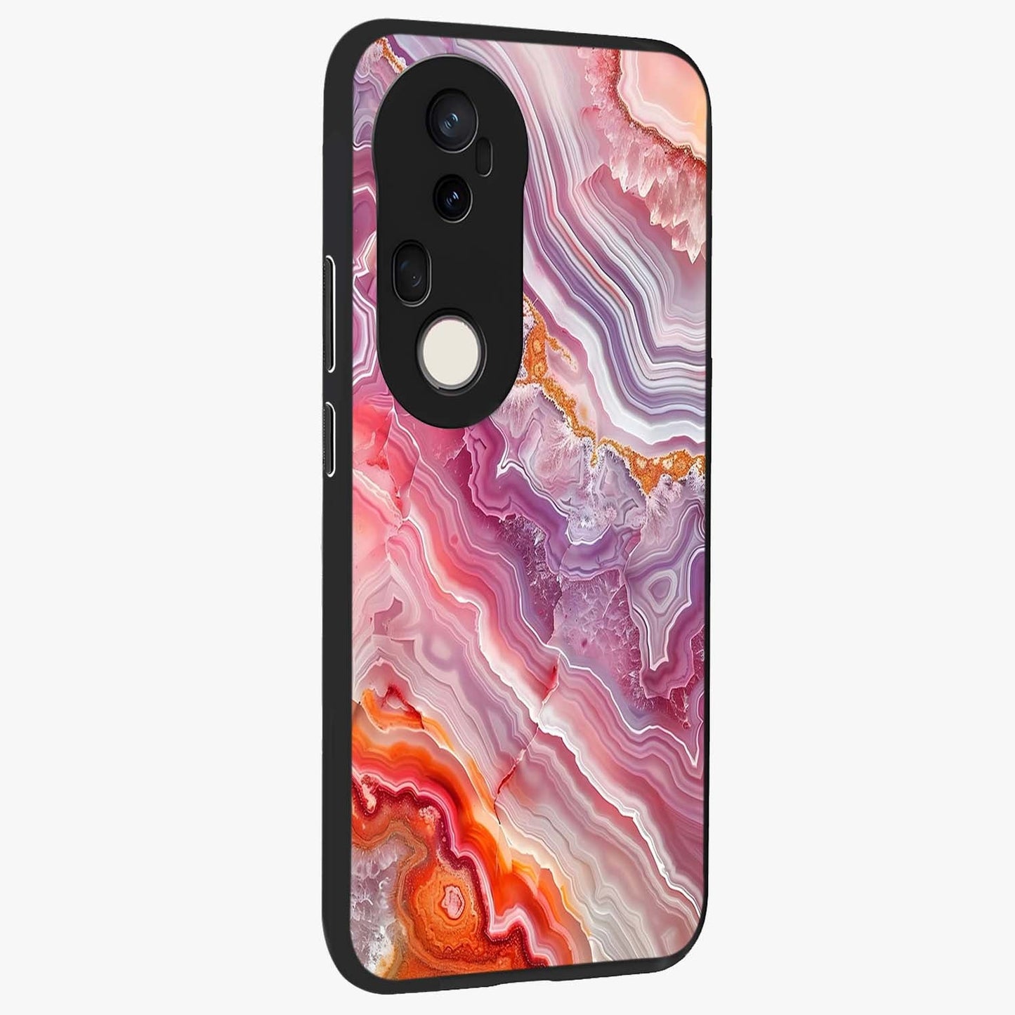 Rose Quartz Marble Glass Case upright view showcasing decorative marble artwork with luxurious pastel theme.