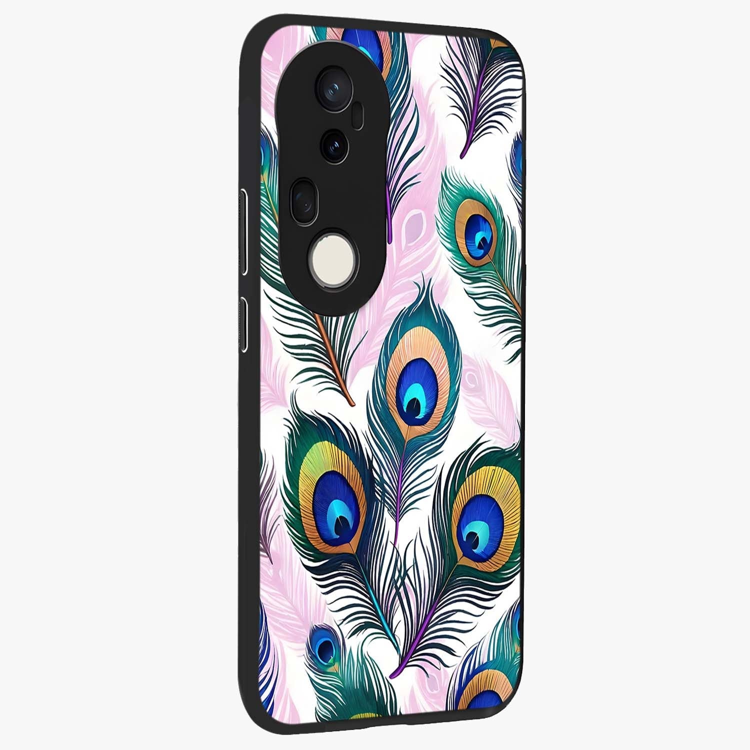 Royal Peacock Feathers Glass Case upright view showcasing elegant peacock feather artwork with decorative royal theme.