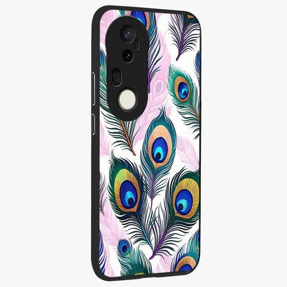 Royal Peacock Feathers Glass Case upright view showcasing elegant peacock feather artwork with decorative royal theme.